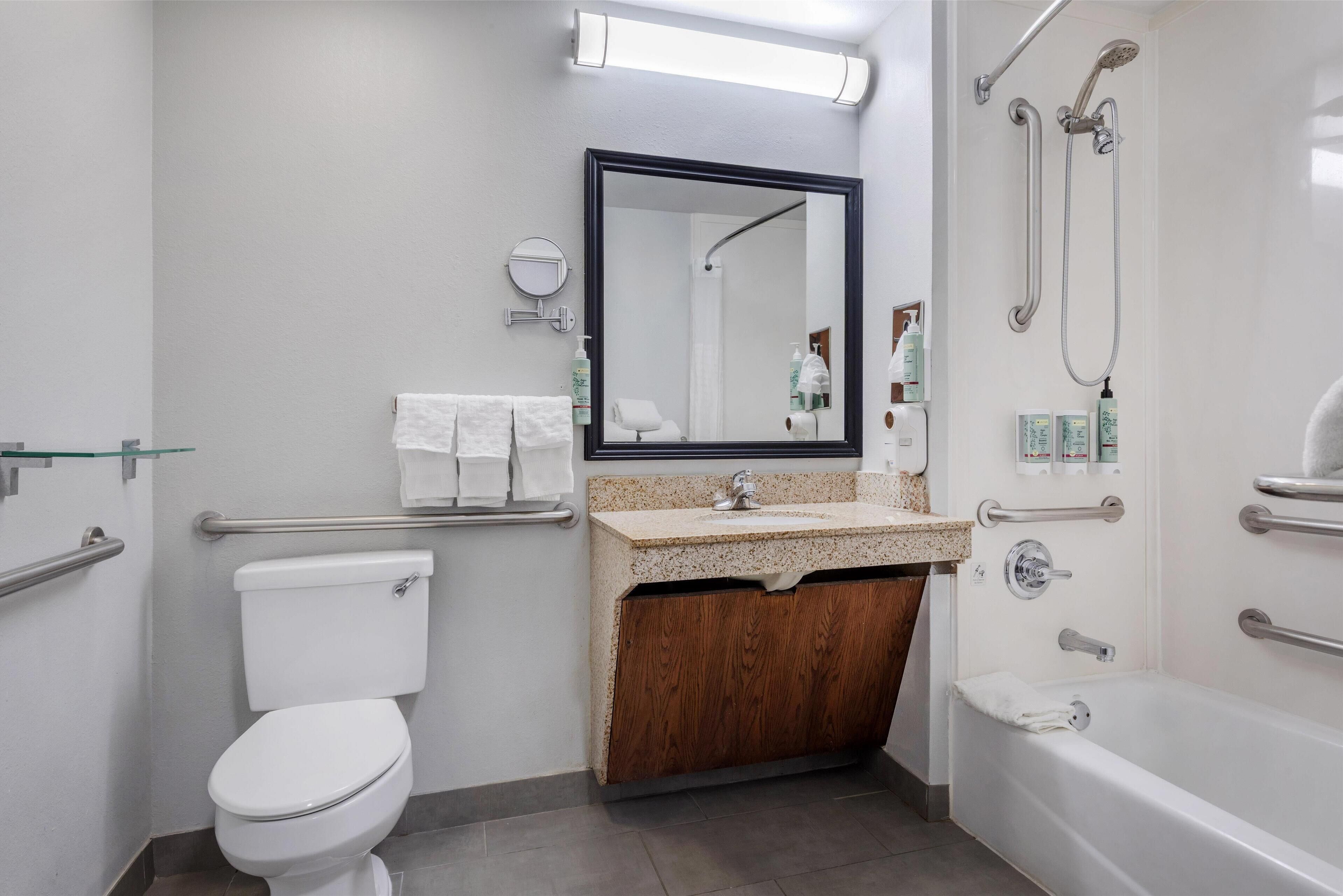 A modern bathroom with a toilet, sink, and bathtub. It includes a mirror, handrails, and a shower area.