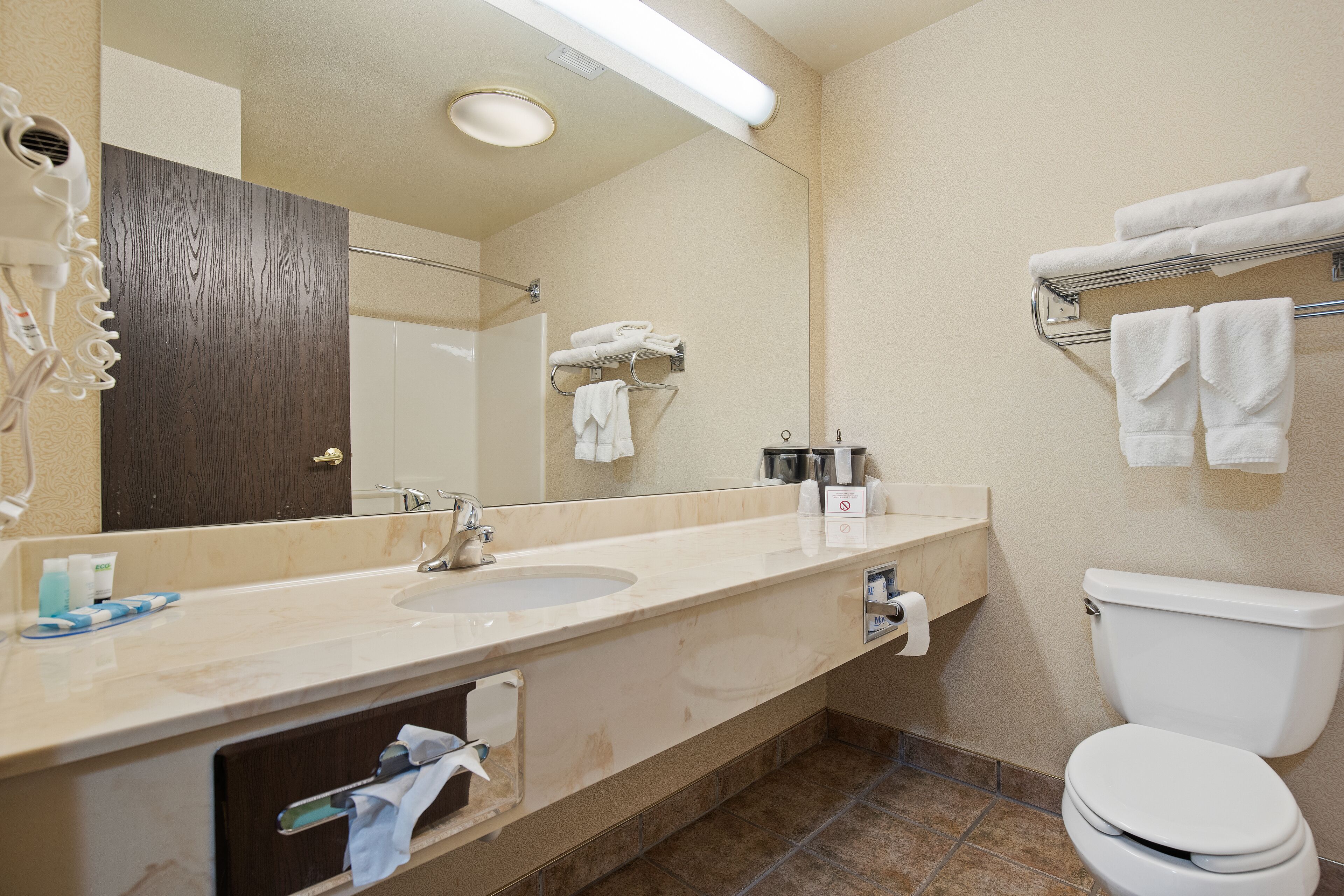 combined shower/bathtub, hair dryer, towels