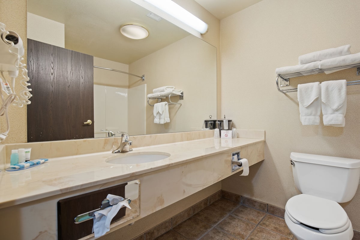 combined shower/bathtub, hair dryer, towels