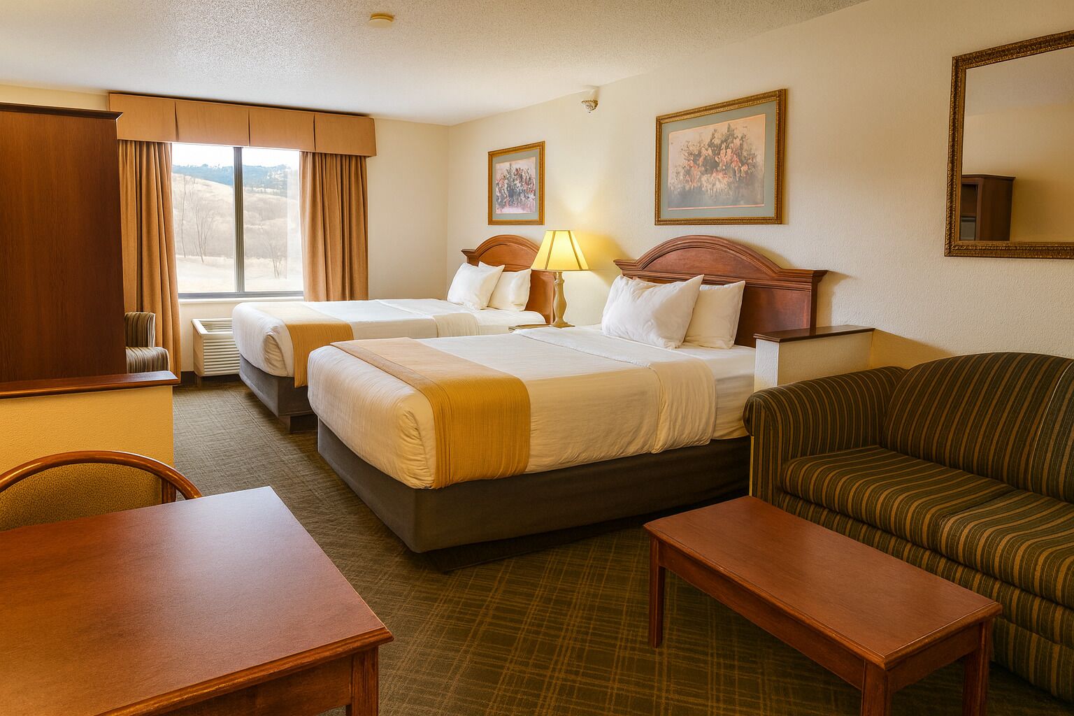 Executive Two Queen Suite | Desk, laptop workspace, blackout drapes, iron/ironing board