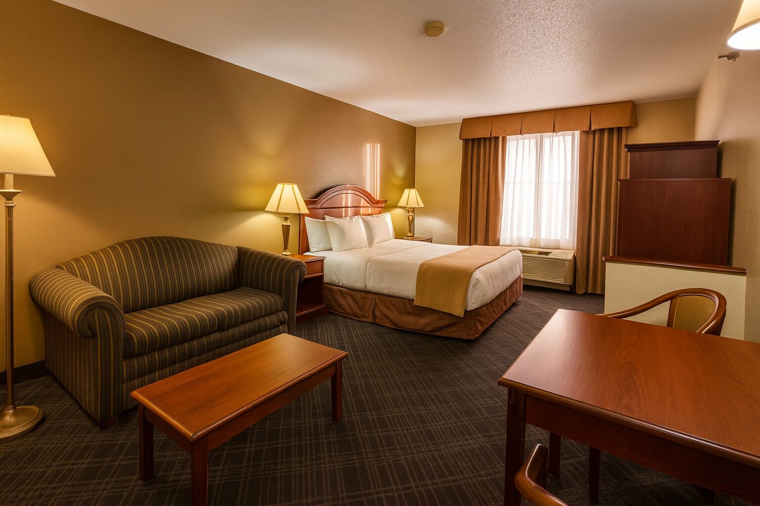 Executive King Suite | Desk, laptop workspace, blackout drapes, iron/ironing board