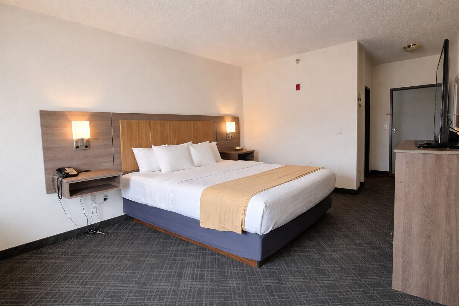 Una habitación de hotel con una cama, lámparas de noche, un escritorio con teléfono y un televisor sobre un mueble.