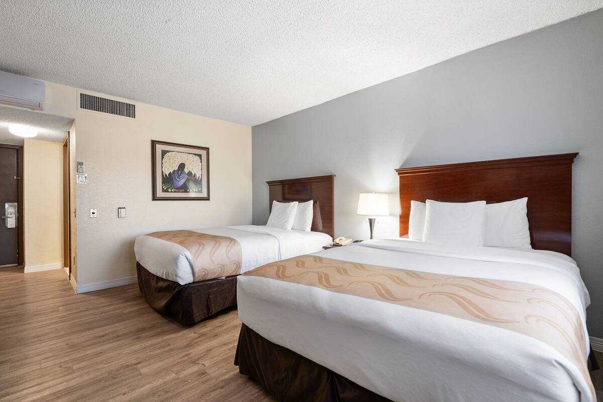 Een hotelkamer met twee bedden, een houten hoofdeinde, een nachtkastje, een lamp en een ingelijst schilderij aan de muur.