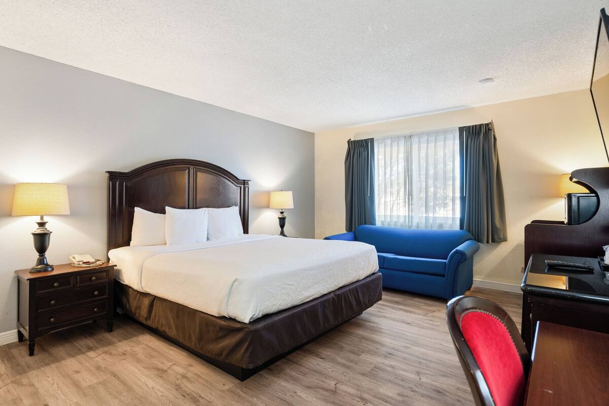 Een hotelkamer met een groot bed, twee nachtkastjes met lampen, een blauwe fauteuil, een bureau met stoel, en een raam met gordijnen.
