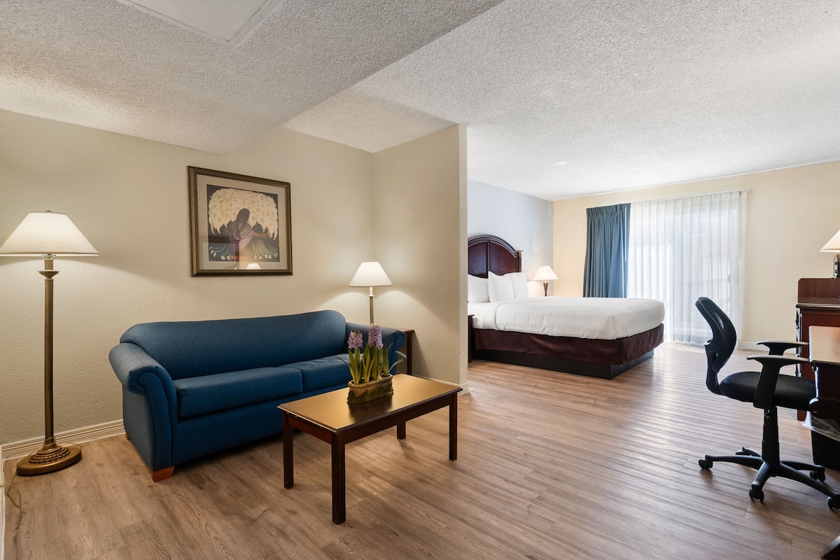 Hotelkamer met een blauwe bank, een houten bijzettafeltje met bloemen, een bed met een witte dekbedovertrek, een bureau met een stoel, en een groot raam met gordijnen.