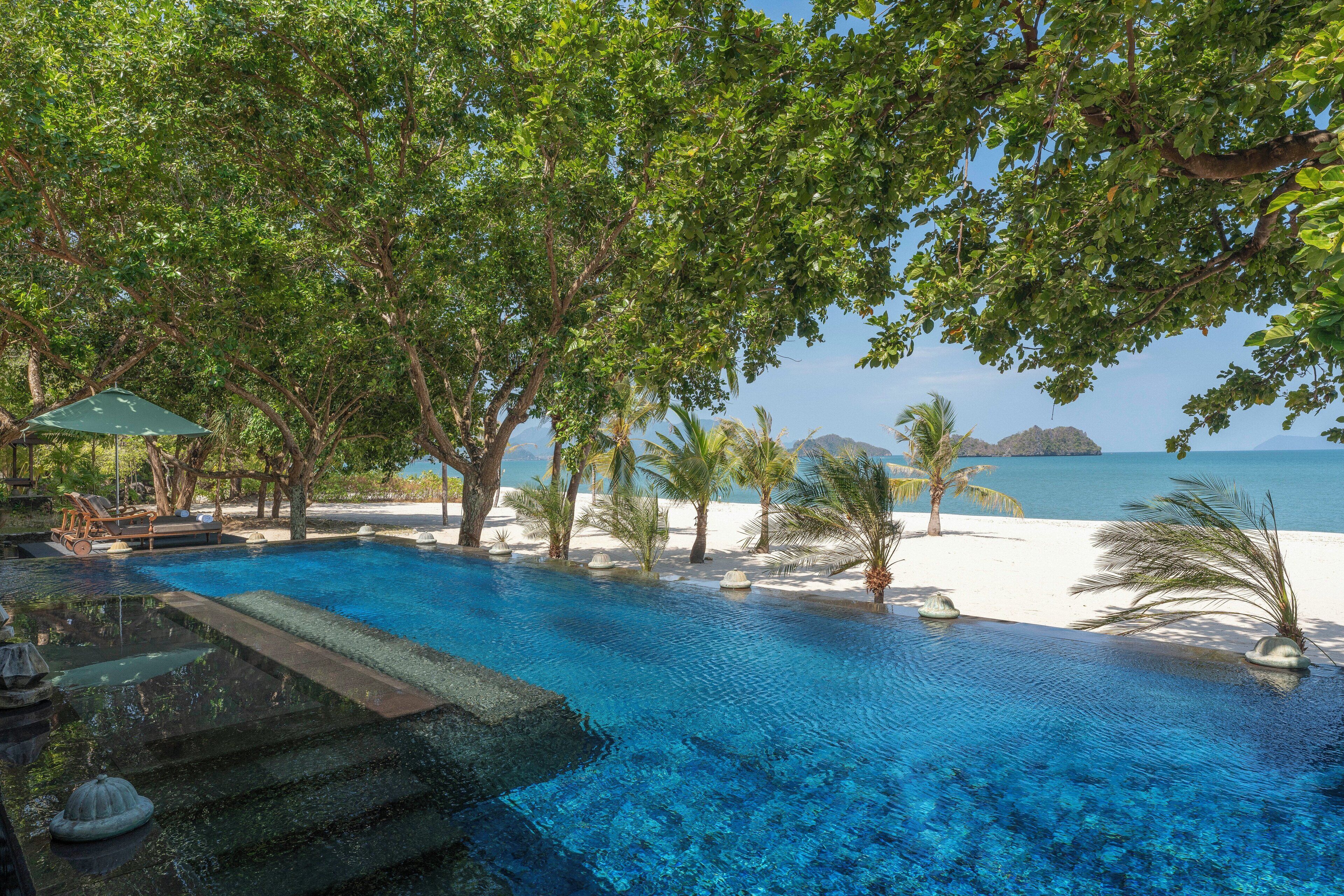 An infinity pool with a clear blue water view, surrounded by palm trees and a beach.