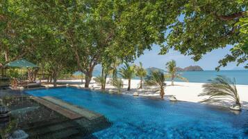 An infinity pool with a clear blue water view, surrounded by palm trees and a beach.