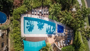 An aerial view of a resort with a large swimming pool, sun loungers, and palm trees. - Maldives Resort (Main Beach)