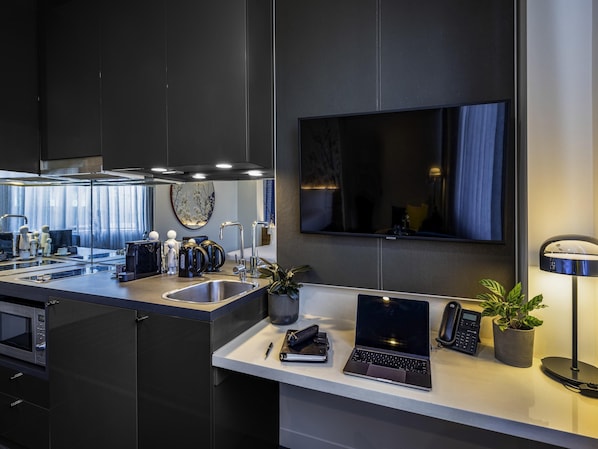 In-room safe, desk, laptop workspace, soundproofing