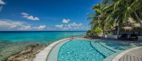 A clear blue pool with a wooden deck, surrounded by palm trees and overlooking the ocean.