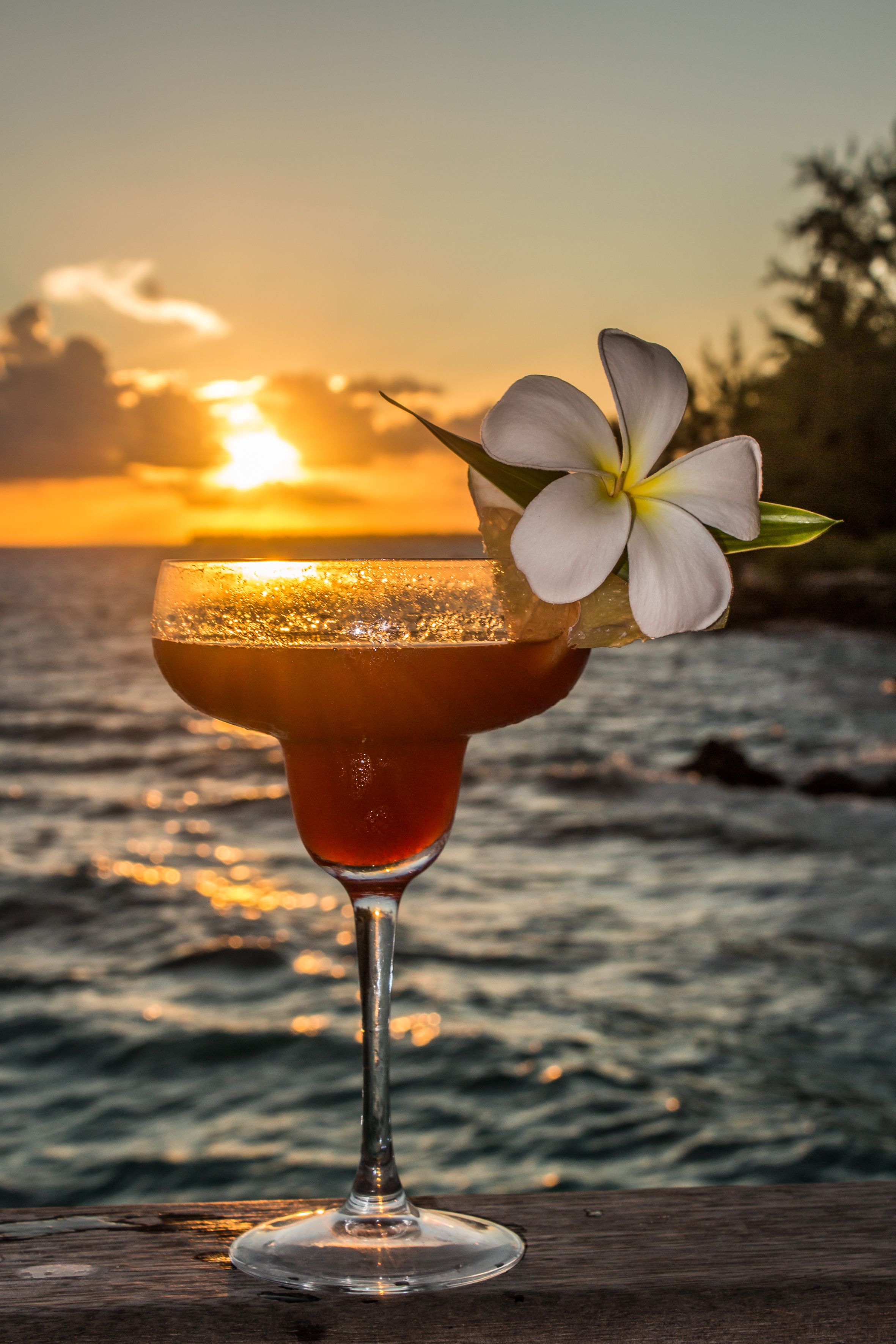 A cocktail glass with a flower on a wooden surface by the ocean at sunset.