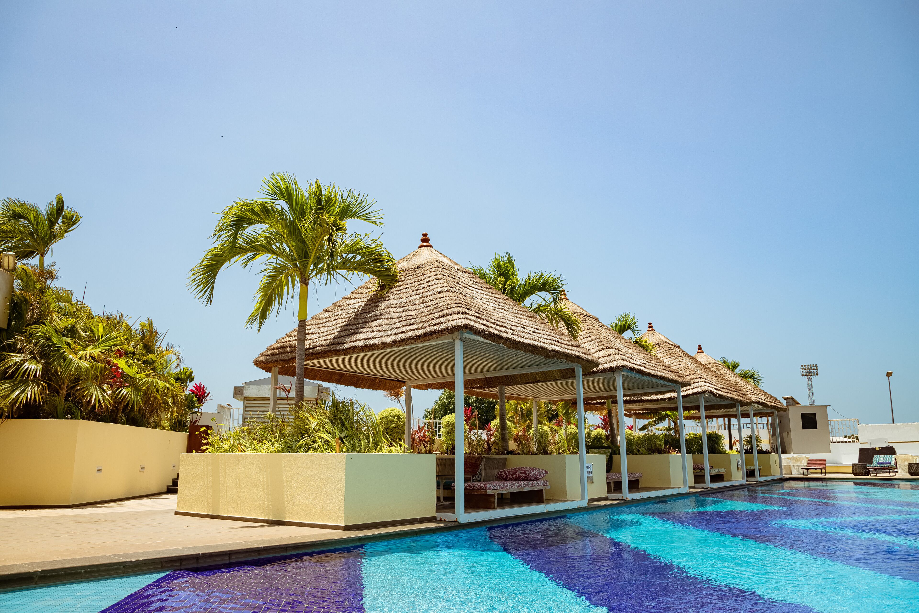 outdoor pool, pool loungers