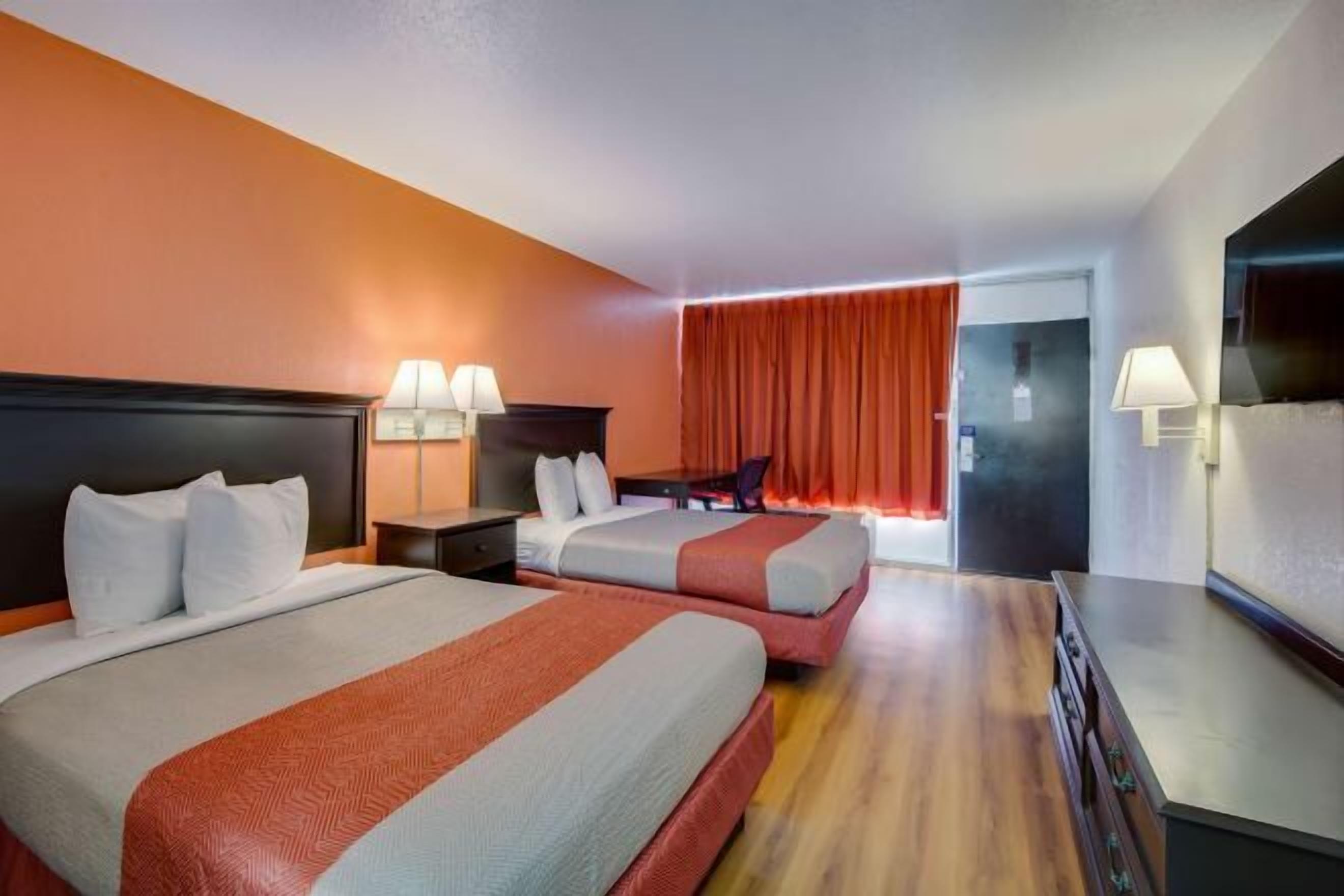 Desk, laptop workspace, blackout curtains, free WiFi