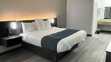 Desk, laptop workspace, blackout curtains, free WiFi