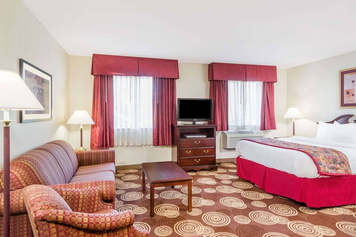 A hotel room with a sofa, a bed, a TV, a dresser, and a carpet with circular patterns.