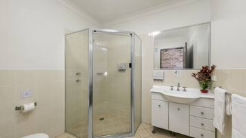 Un baño moderno con ducha de vidrio, un lavamanos blanco y un espejo encima, y un inodoro.