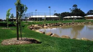 A landscaped area with a pond, rocks, and a fence.