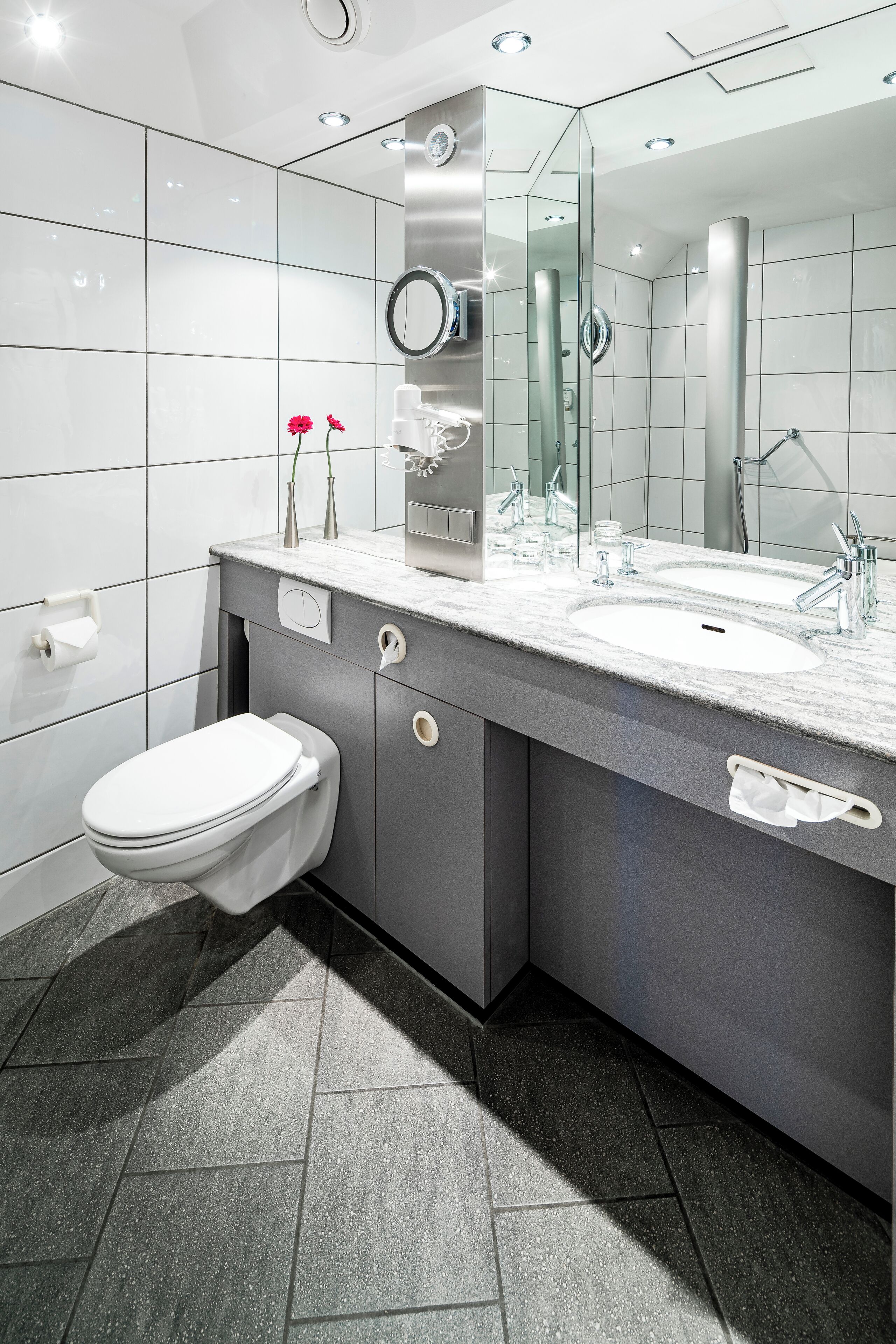 Een moderne badkamer met een wastafel met dubbele wastafel, een toilet en een grote spiegel.