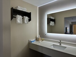 Un baño con lavabo, espejo, toallero y una botella de jabón para manos.