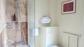 A bathroom with a glass-enclosed shower, a white toilet, and a radiator.