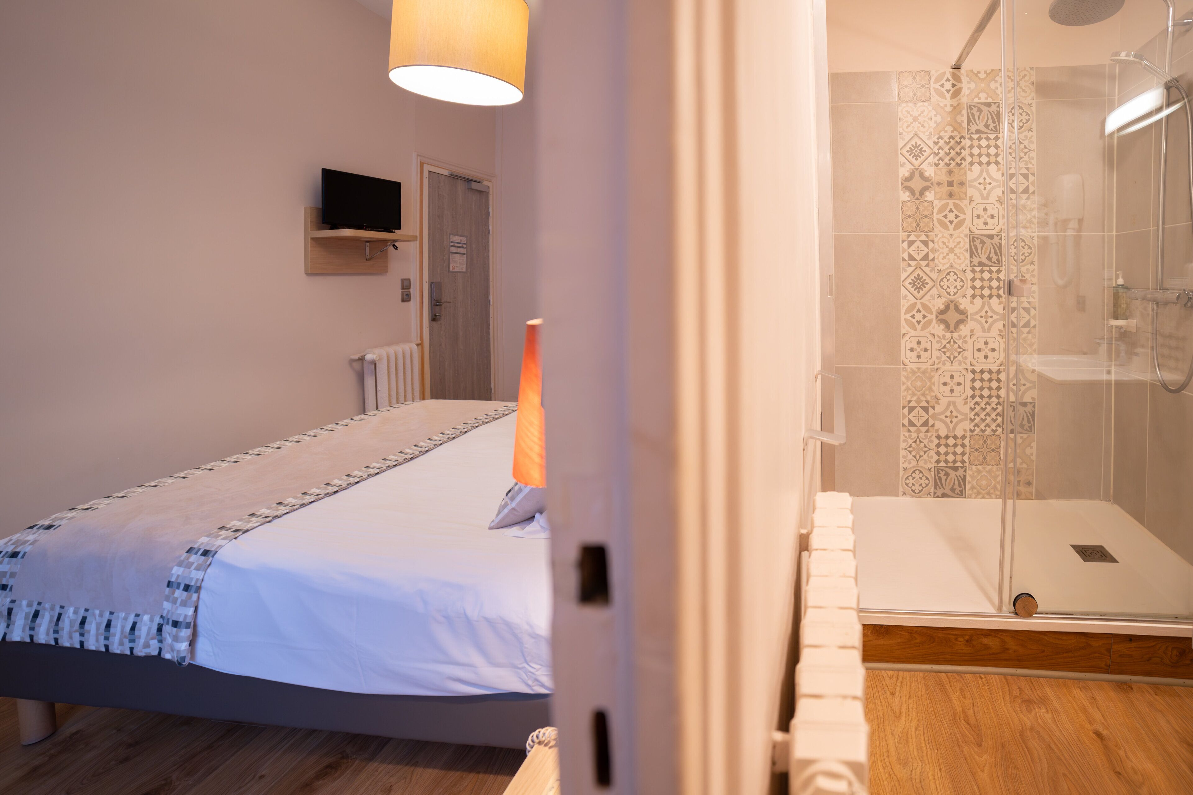 A bedroom with a bed, a bedside table, a TV, and a shower area with a glass door.