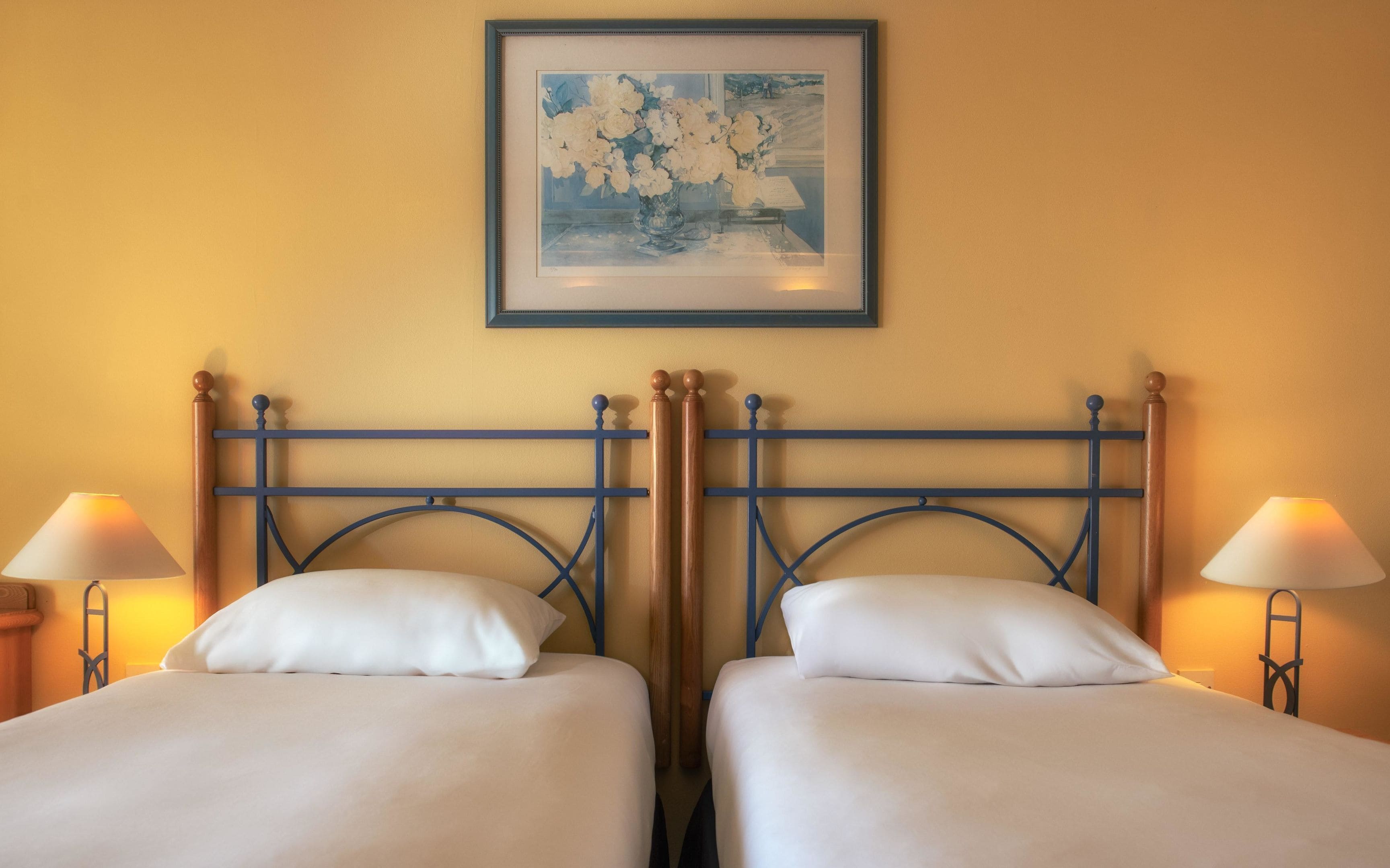 Un lit double avec une tête de lit en métal, deux lampes de chevet et un tableau encadré au-dessus du lit.