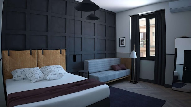 A modern hotel room with a large bed, a grey sofa, a small table, and a window with curtains. - c-hotels Club House Roma (Rome)