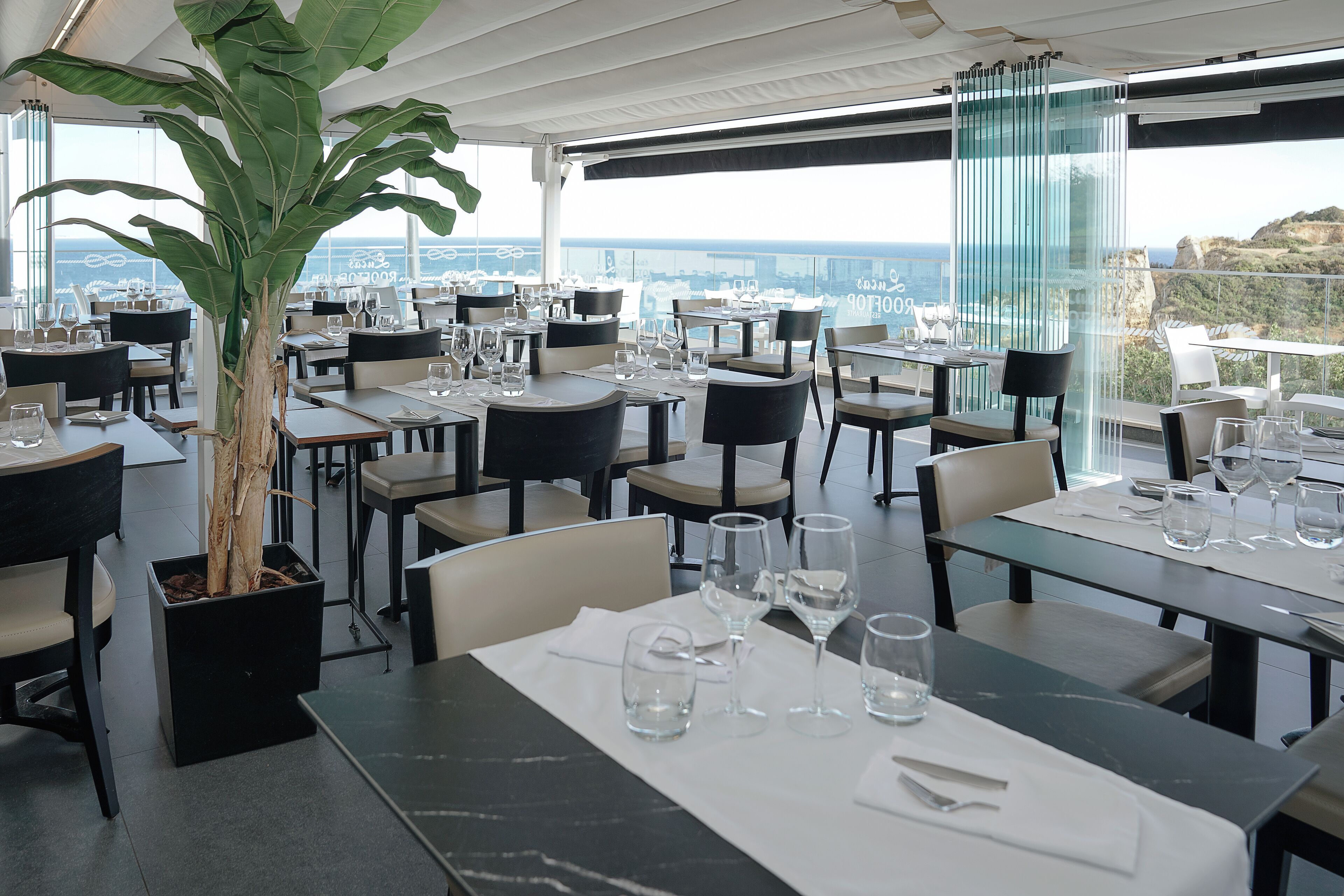 Un ristorante con tavoli apparecchiati, una grande pianta in vaso e vista sull'oceano.