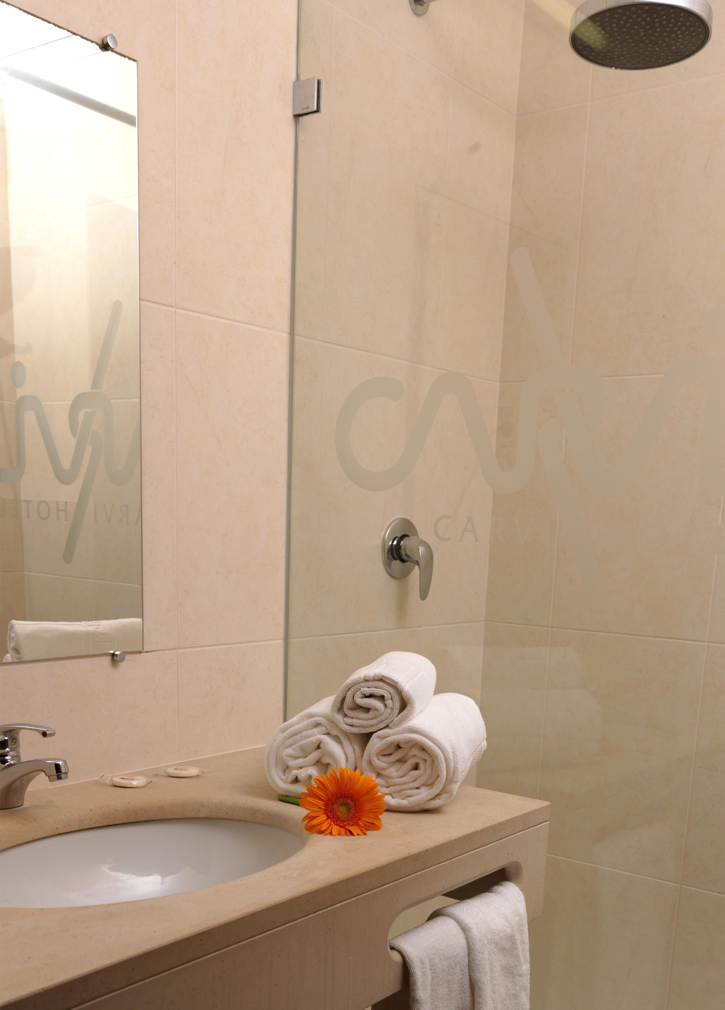 Une salle de bain équipée d’un lavabo, d’un miroir, d’un porte-serviettes et d’une douche.
