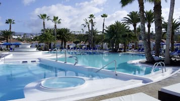 Outdoor pool, pool umbrellas, pool loungers