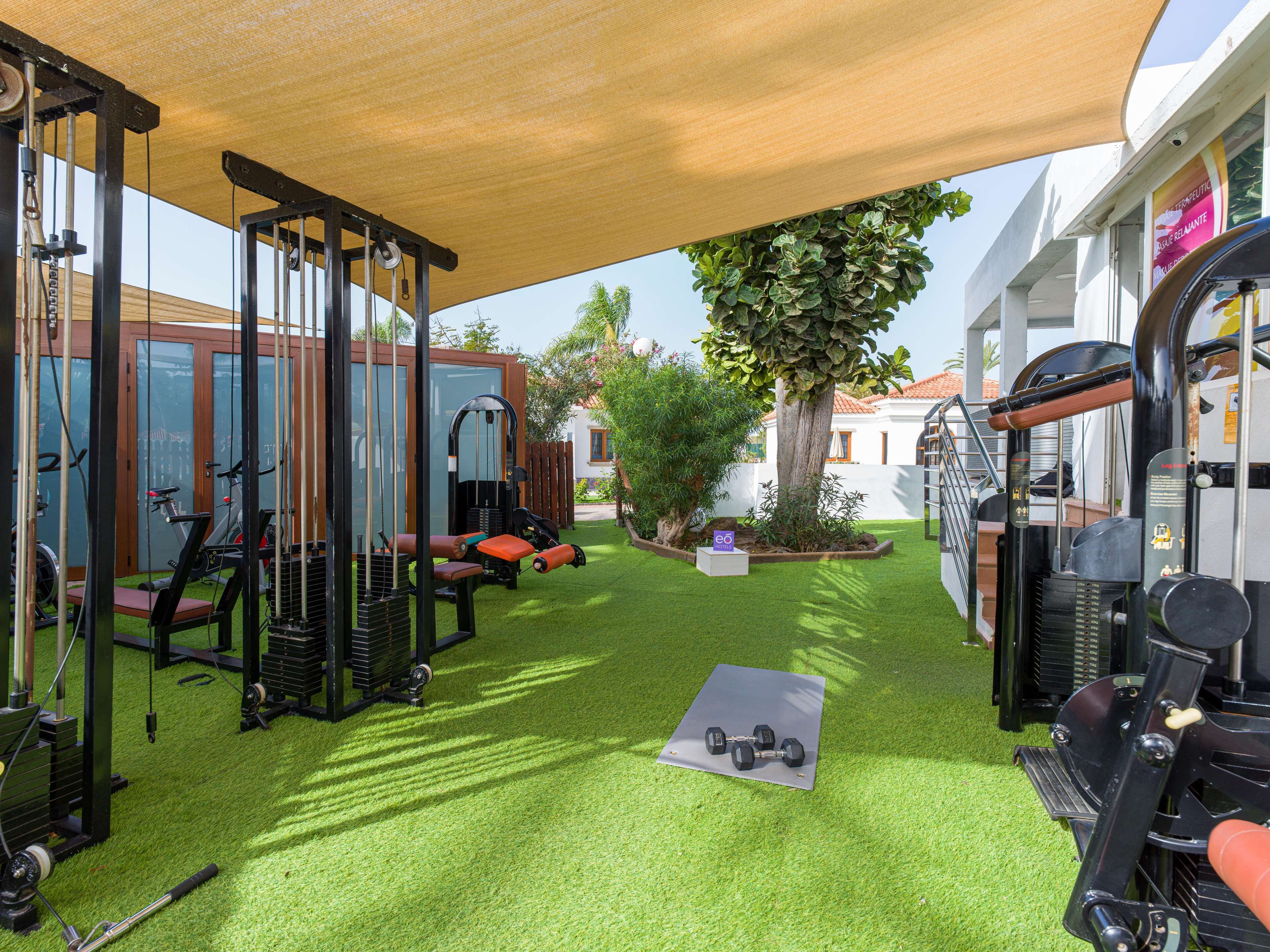 Une salle de sport équipée de matériel d’exercice, un espace abrité avec un auvent, et un petit jardin avec un arbre et des plantes.