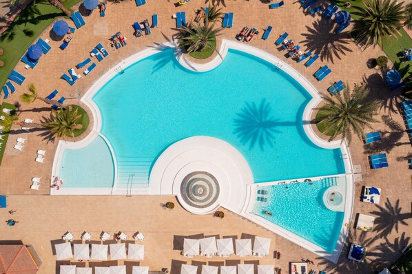 Outdoor pool, pool umbrellas, pool loungers