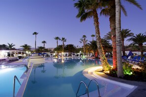 Outdoor pool, pool umbrellas, pool loungers