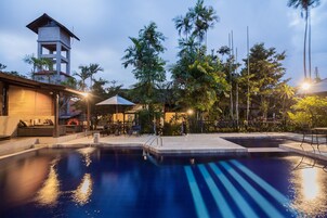 Una piscina con zona sumergida, rodeada de palmeras y un área de descanso con mobiliario exterior.