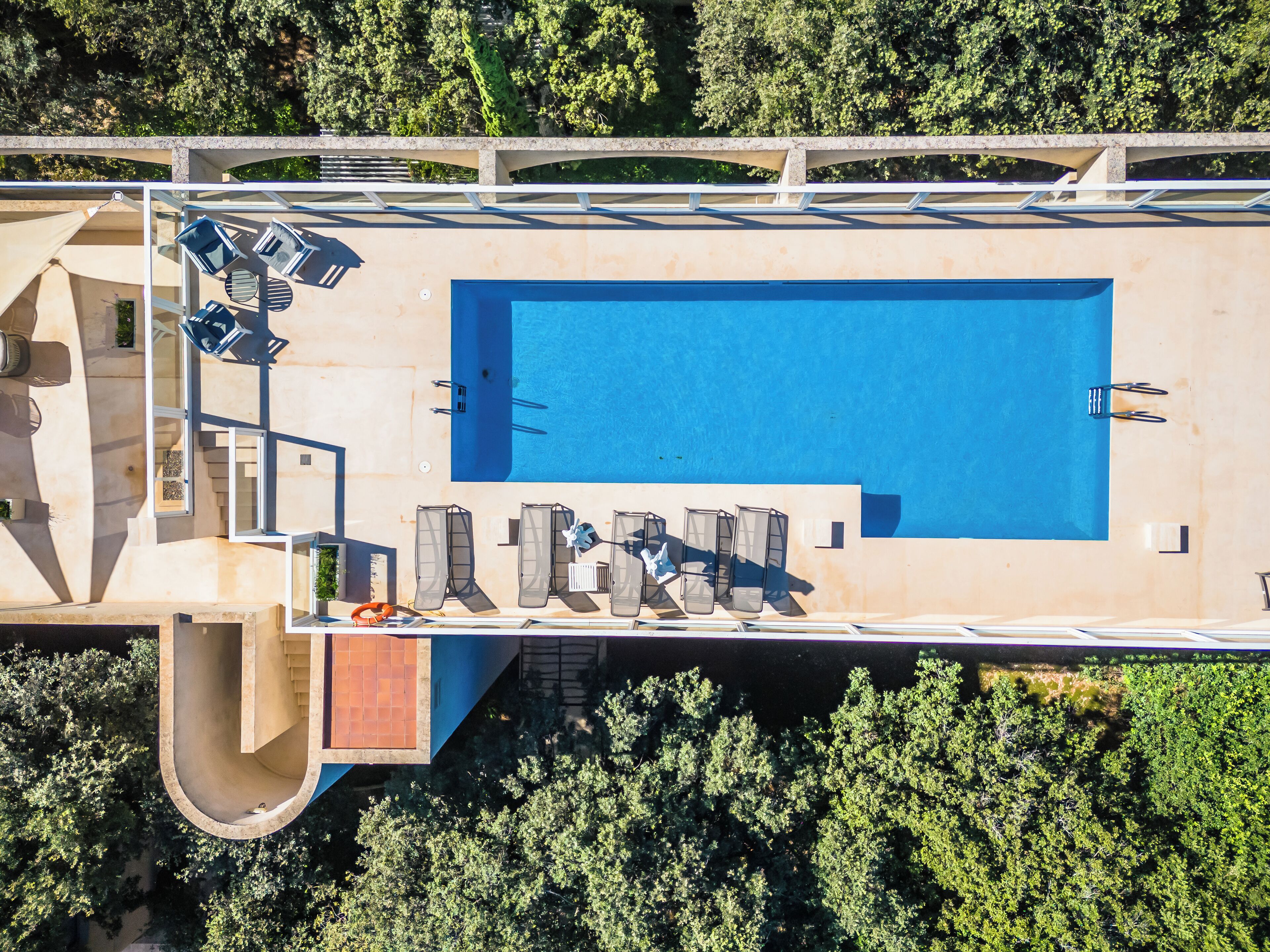 Vista aérea de una piscina con tumbonas y una zona cubierta.