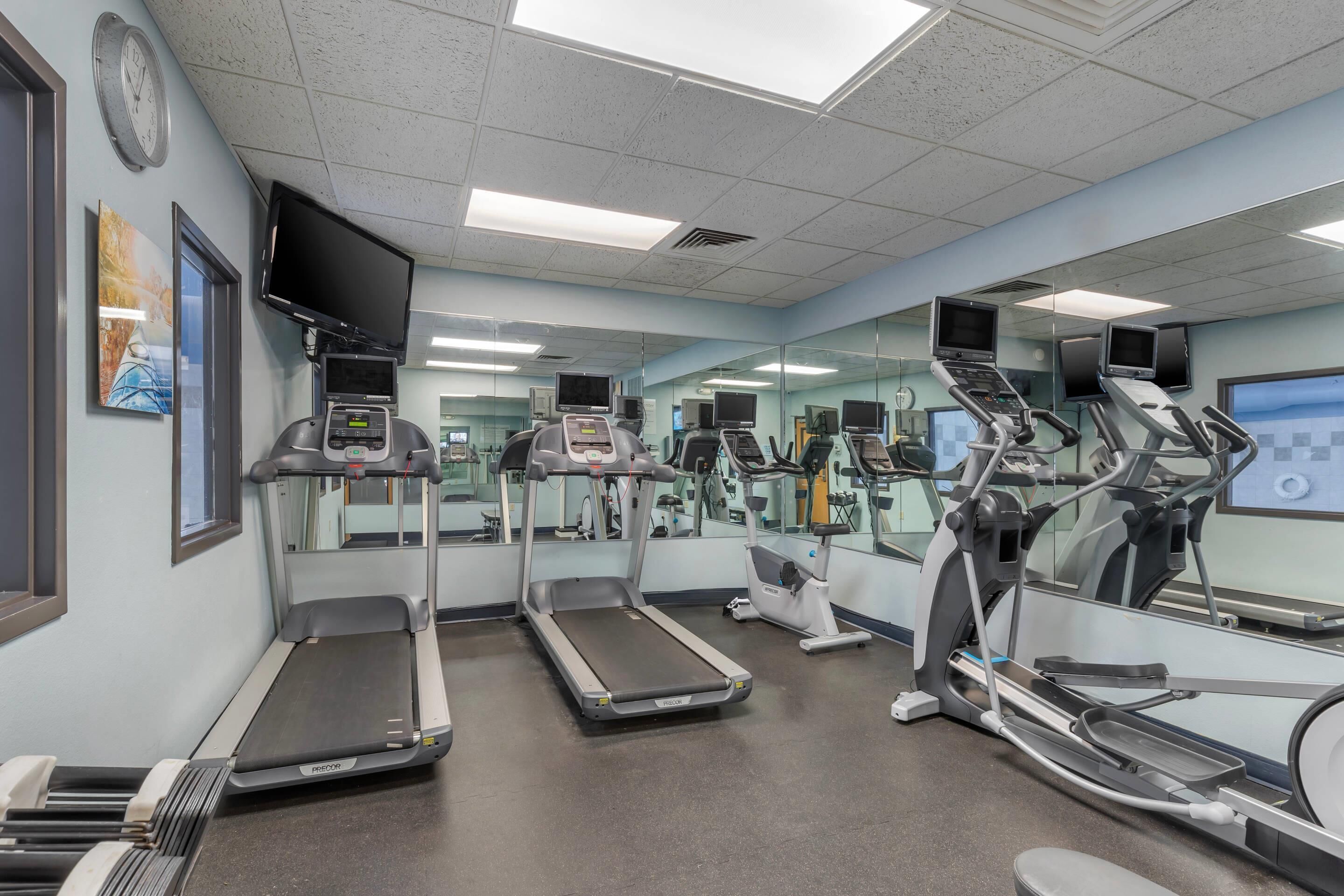 Een fitnessruimte met loopbanden, elliptische trainers en een spiegelwand.