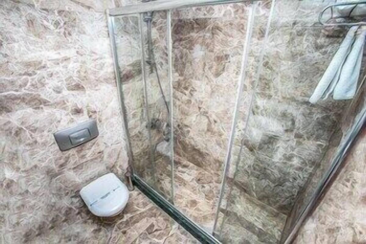 A shower enclosure with a glass door, a white toilet, and a towel rack.