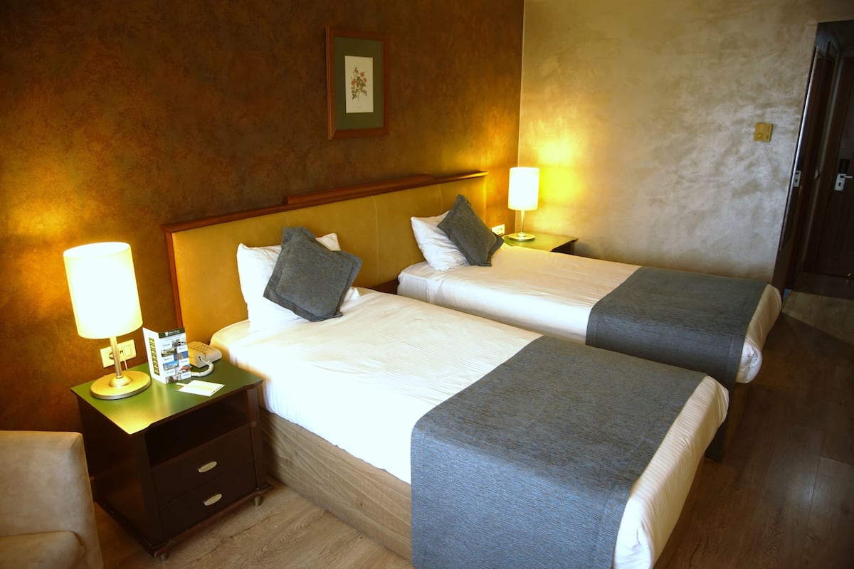 A hotel room with two single beds, each with a pillow and a blanket. There are bedside tables with lamps and a framed picture on the wall.