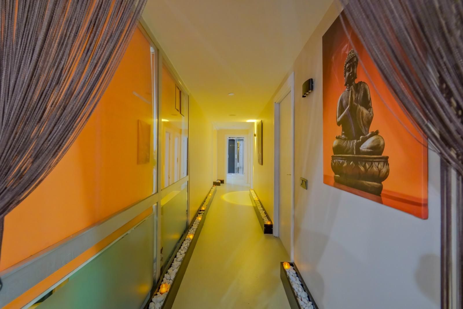 Un pasillo de hotel con una estatua en la pared, una partición de vidrio en un lateral y una puerta al final.