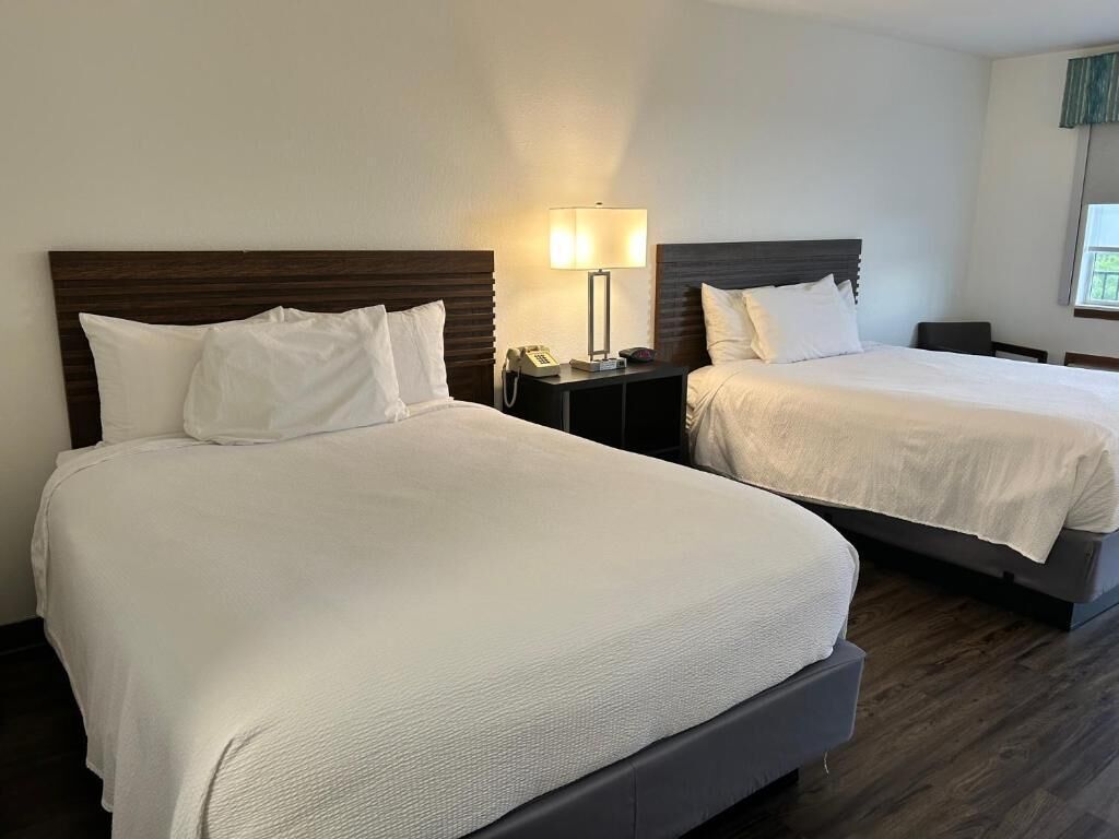 A hotel room with two beds, a nightstand with a lamp, and a window with a view.