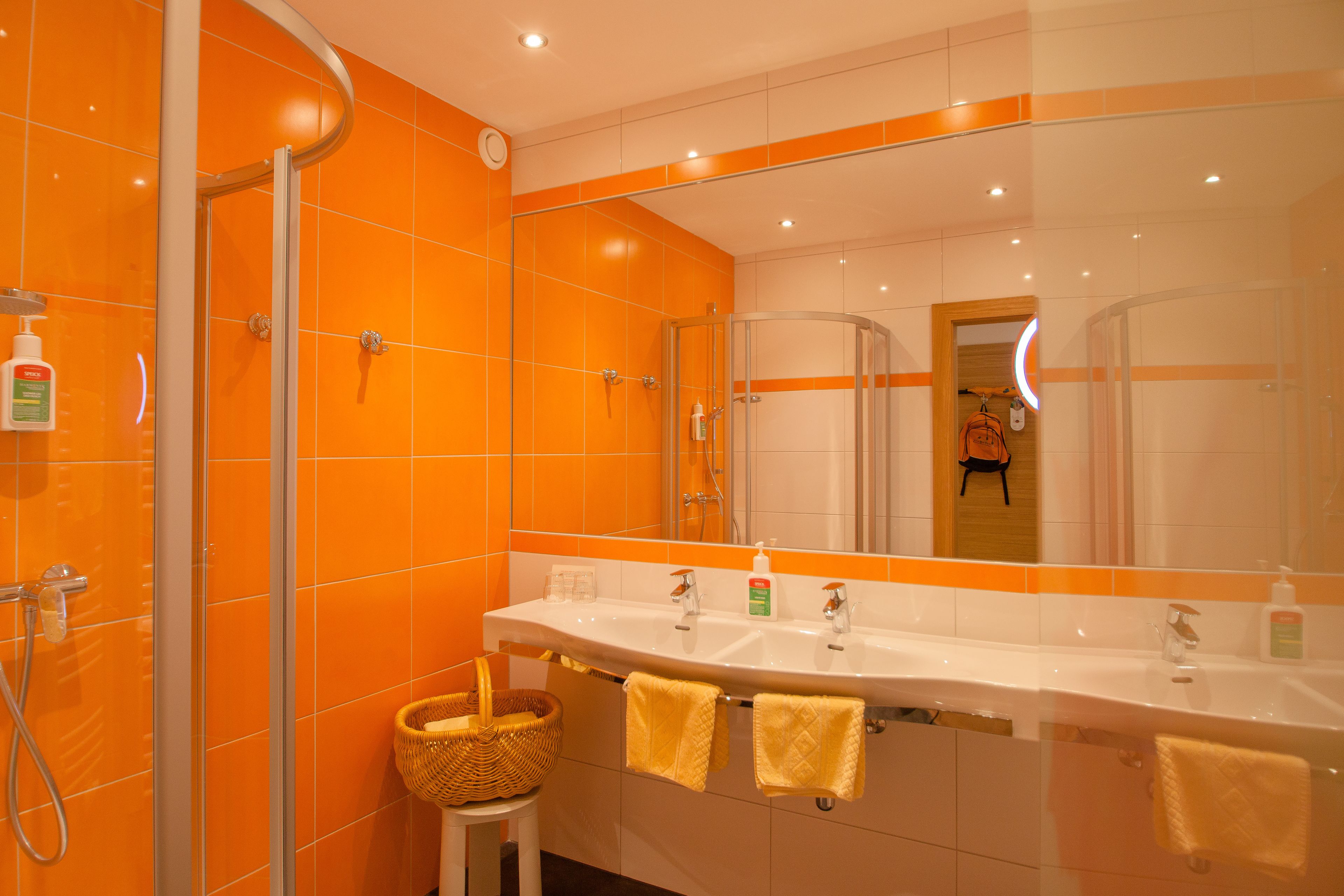 Une salle de bain avec une douche à parois incurvées, un lavabo doté de deux robinets et un miroir qui reflète la pièce.
