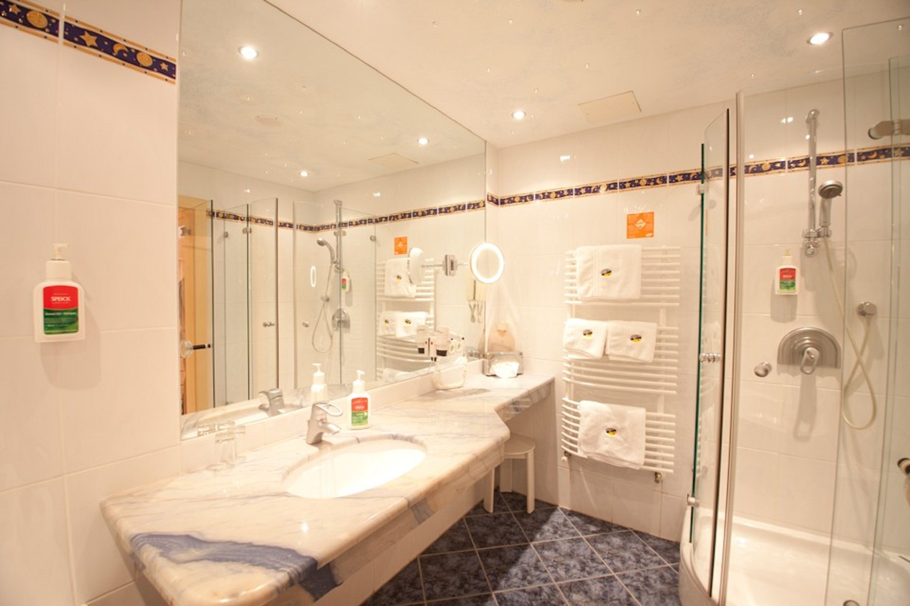 standard suite, mountain view (themenzimmer sonne, mond, erde, venus) | bathroom | shower, free toiletries, hair dryer, bathrobes