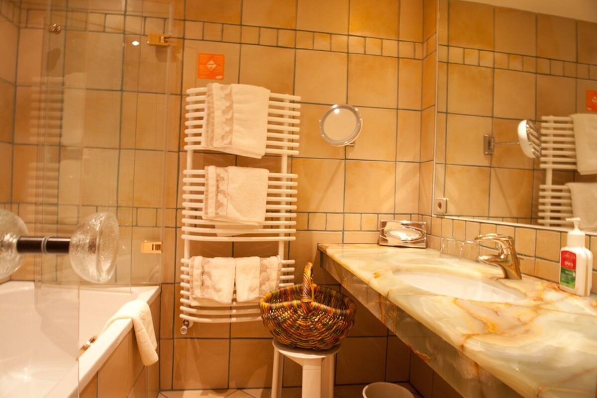 standard suite, mountain view (themenzimmer sonne, mond, erde, venus) | bathroom | shower, free toiletries, hair dryer, bathrobes