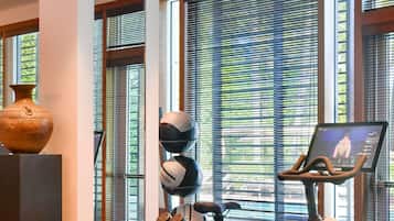 Ein modernes Fitnessstudio mit Trainingsgeräten, großen Fenstern und einem Spiegel.
