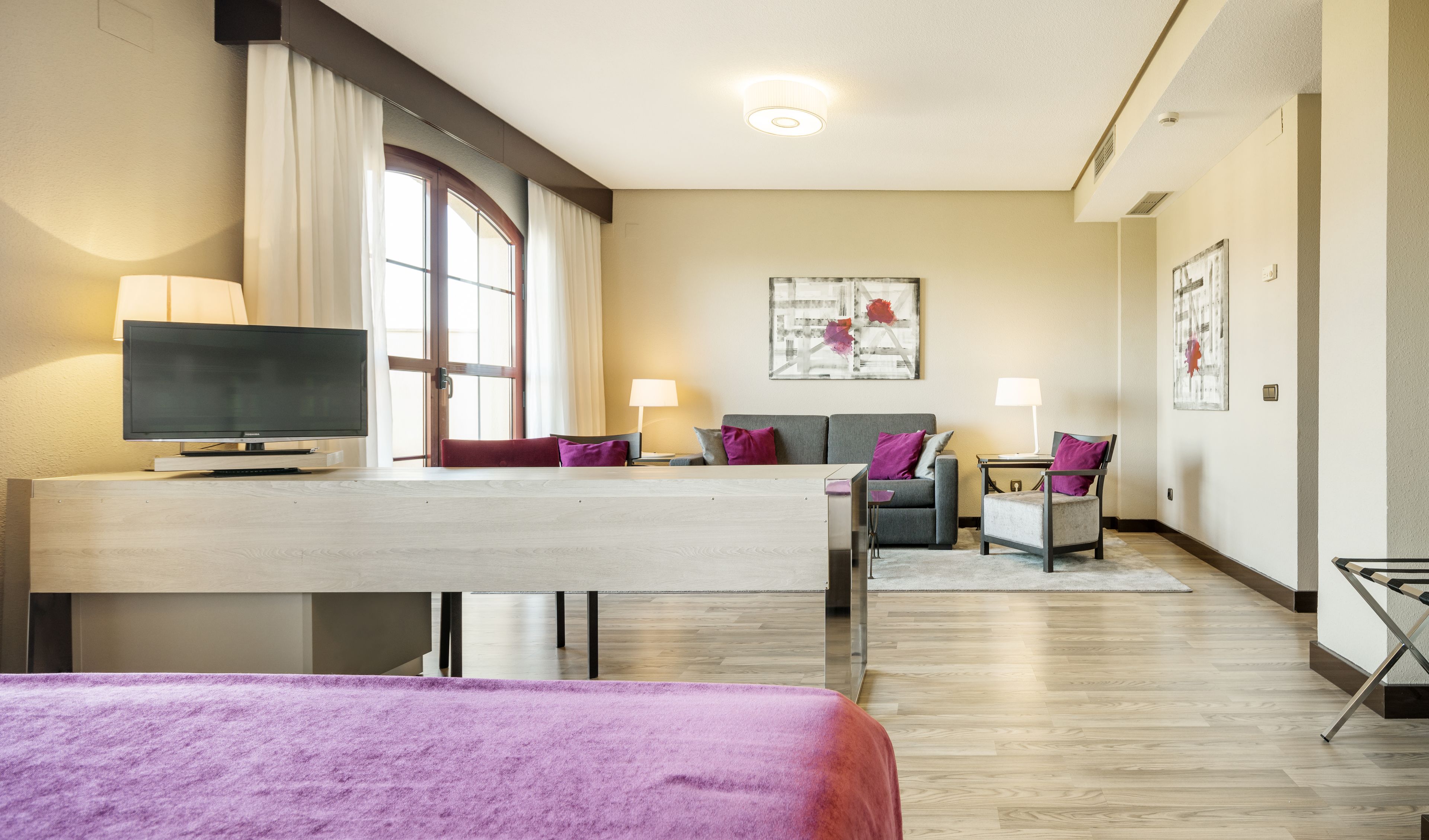 Ein Hotelzimmer mit Bett, Schreibtisch, Fernseher, Sofa und Sessel.