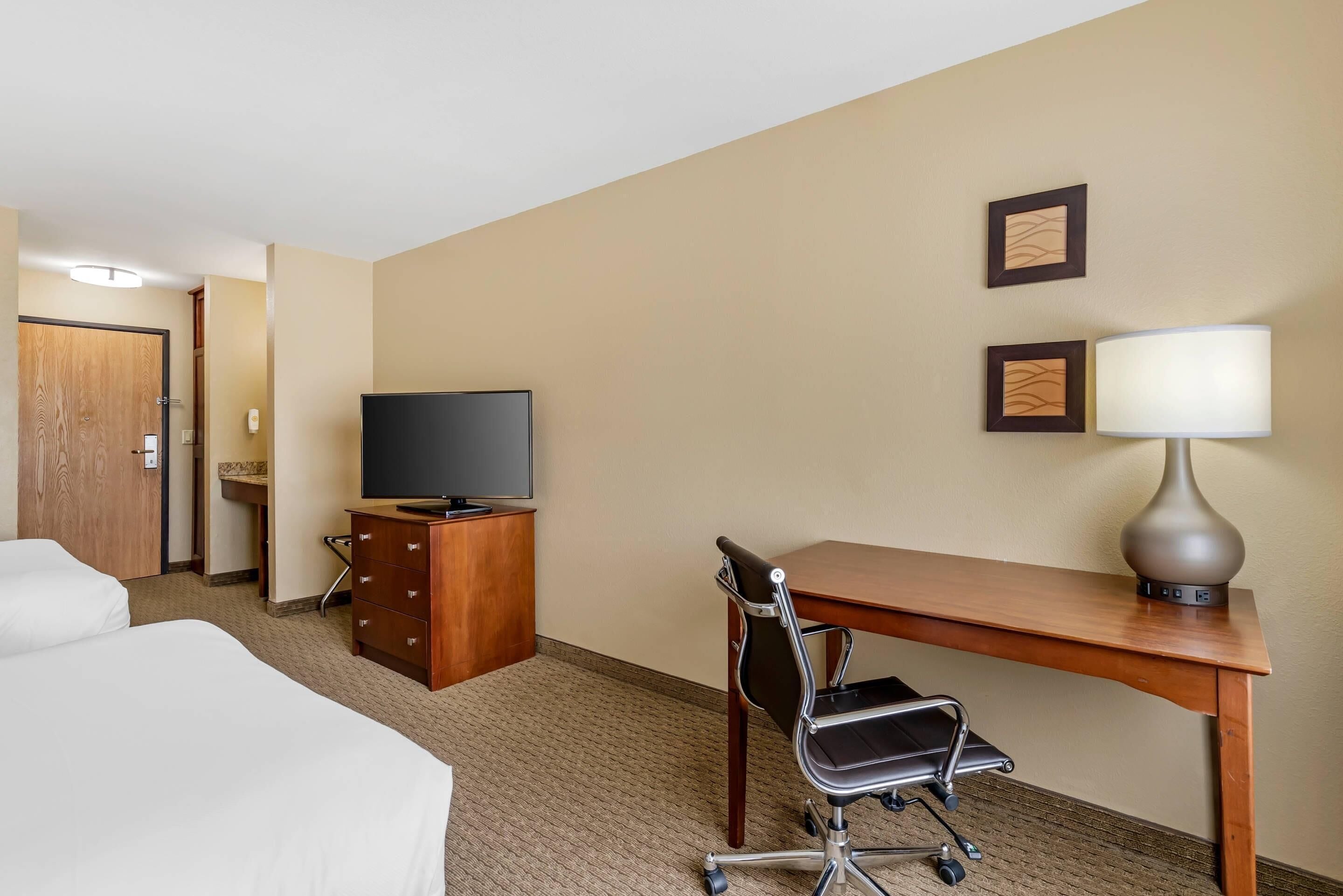 Habitación de hotel con una cama, un escritorio con una silla, un televisor y una lámpara.