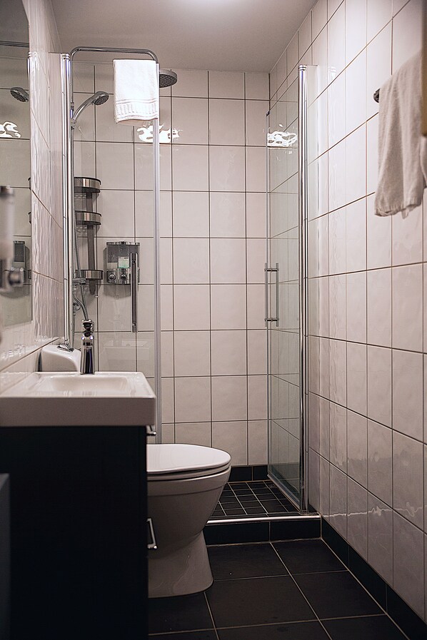 A bathroom with a toilet, sink, and shower area.