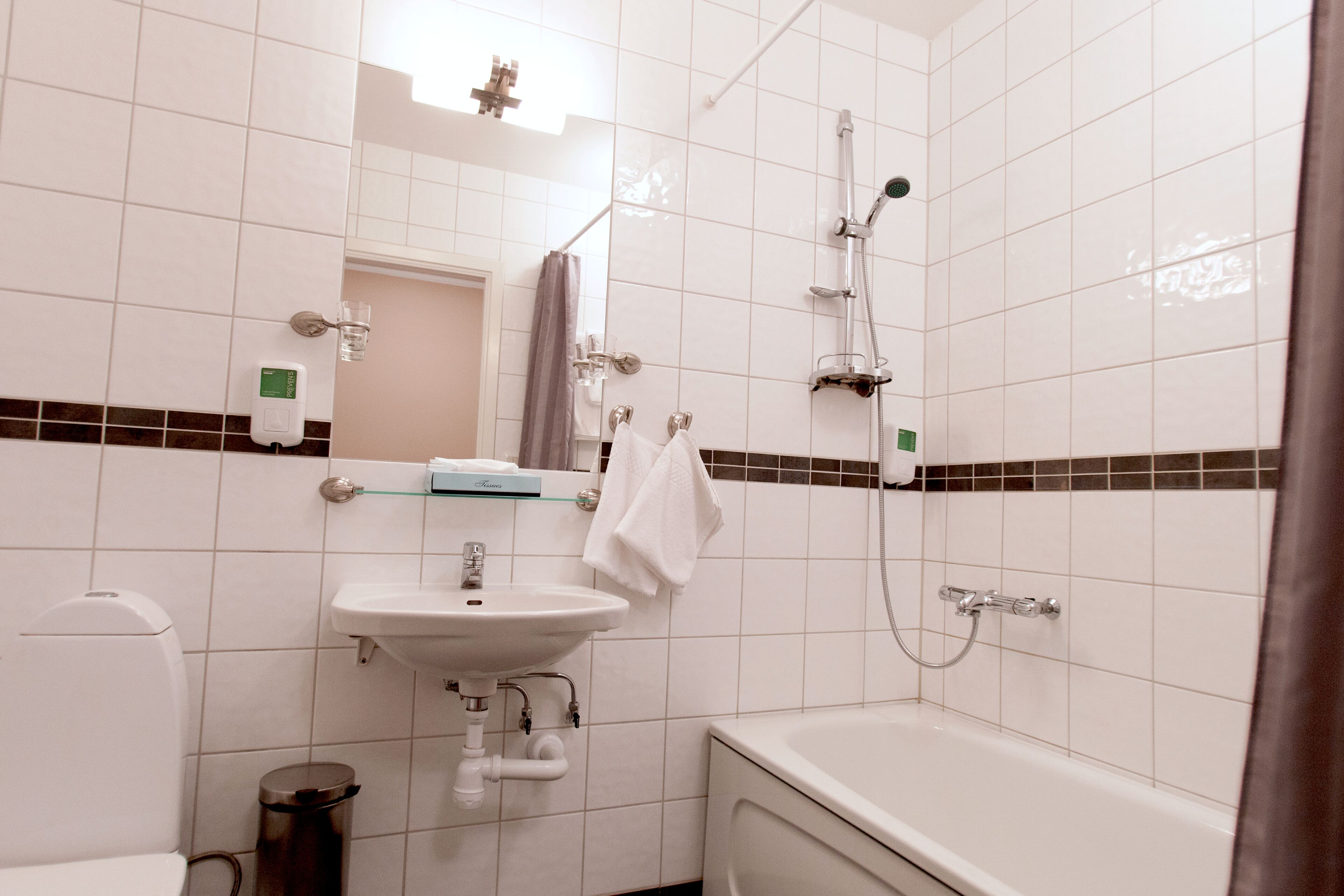 hair dryer, towels, soap, shampoo