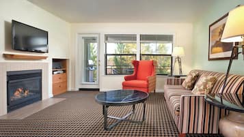 LCD TV, fireplace, DVD player