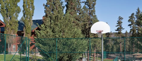 An outdoor basketball court with a net, surrounded by a fence and trees.